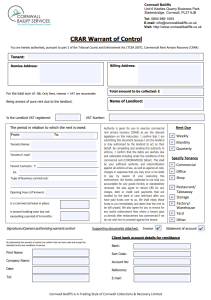 CRAR Warrant of Control Form - Cornwall Bailiffs